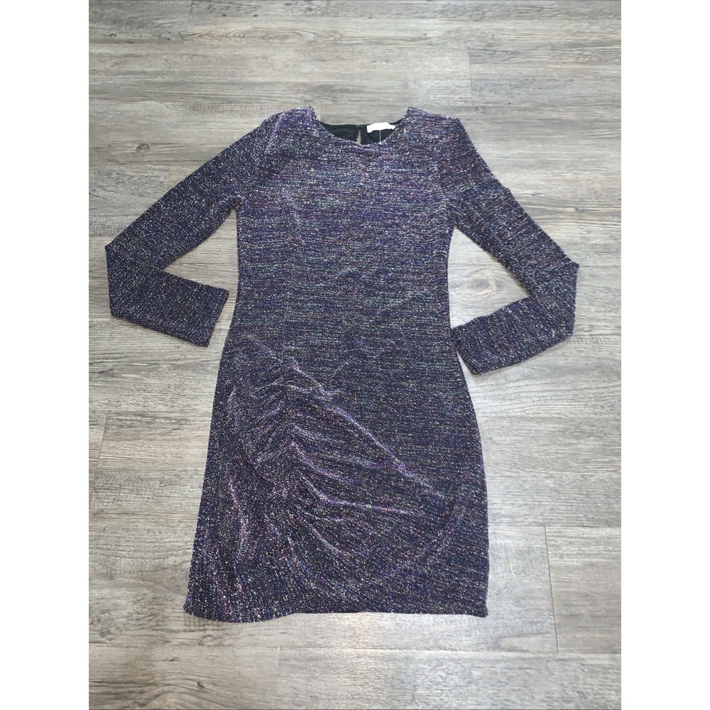 Ramy Brook Sparkle Purple Blouson Midi Dress Womens Size M Long Sleeve Ruched
